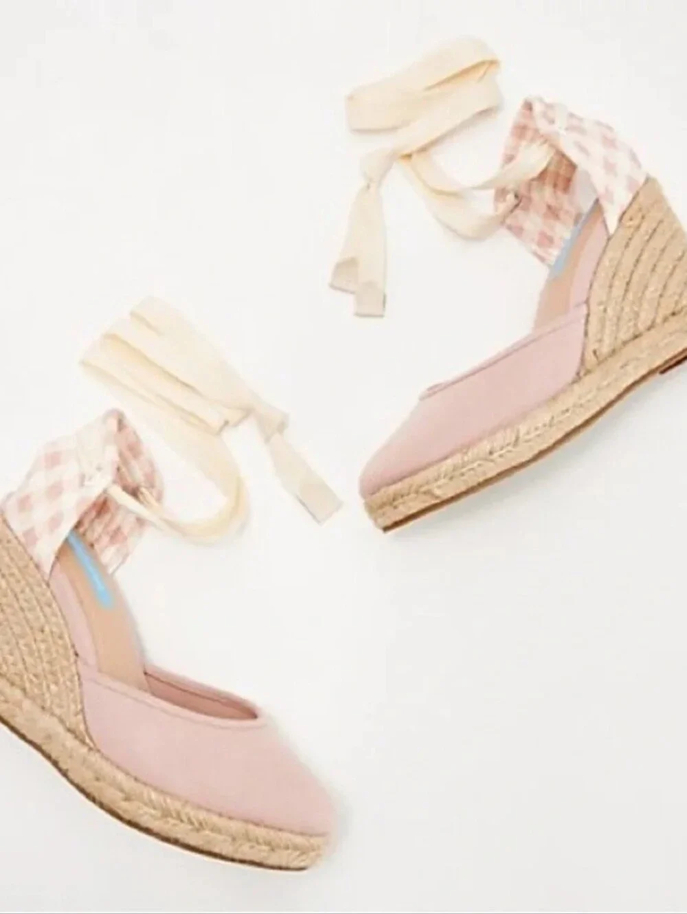 Draper James Olivia Espadrille Wedges Pink Cream Gingham Ankle Tie Heels Sz 7